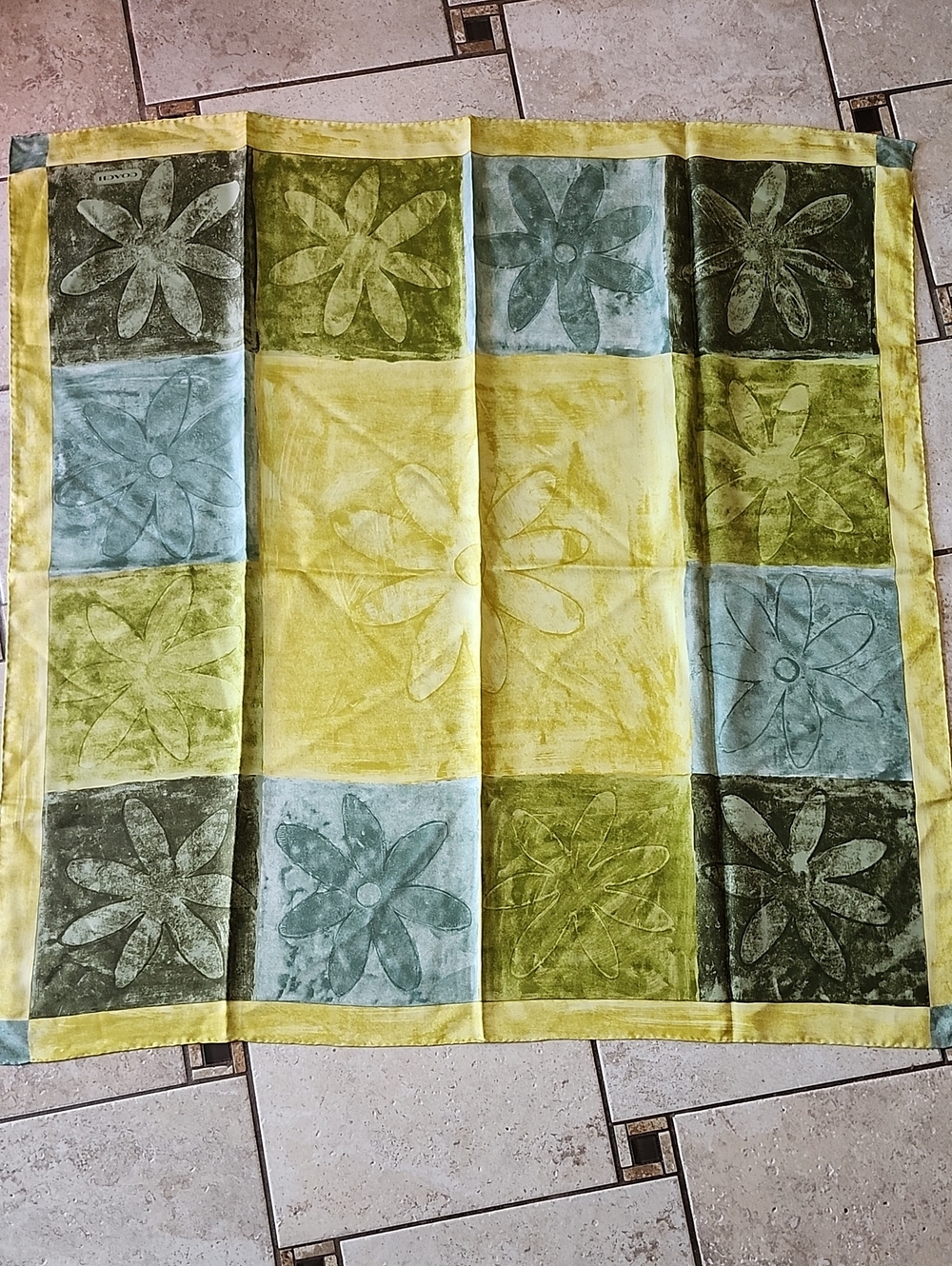 Coach Colorblock Floral Silk Scarf in Yellow and Olive